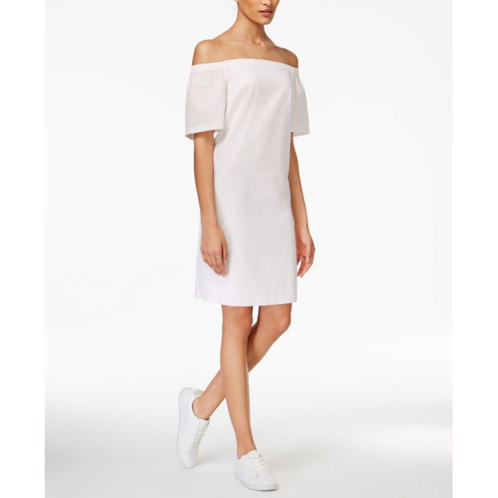 Maison Jules Seersucker Off The Shoulder Dress